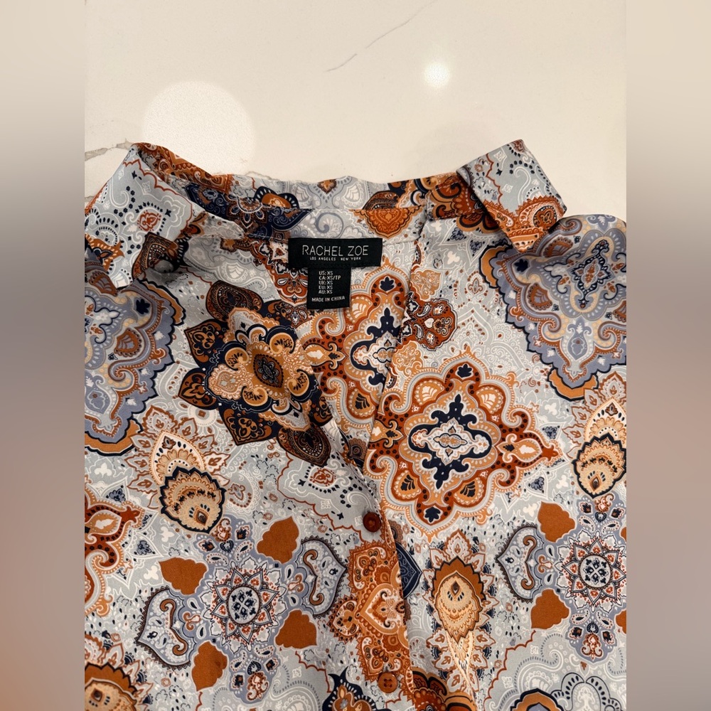 Rachel Zoe Satin Blue and Brown Geometric Shirt - Picture 2 of 3